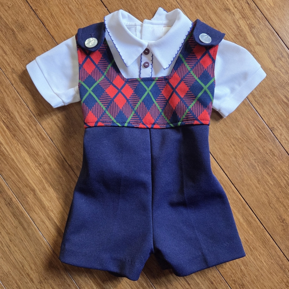 Vintage 12M Tartan Navy Red Plaid Baby Romper Set Made in Canada Holiday Outfit